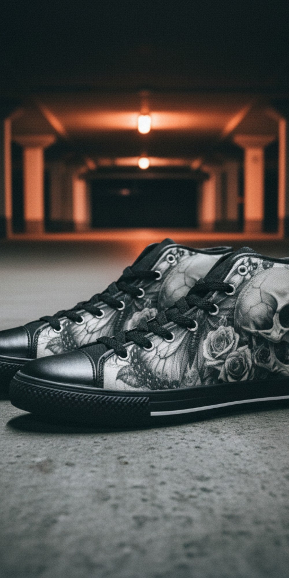 Women's Grey Gothic Rose Skull Dark Art hand-made high-top canvas shoes — unique wearable art by Freaky Shoes