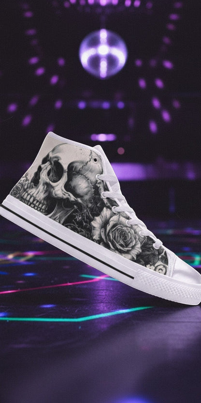 Custom Women's Gothic Skull Art Dark Rose Collection high-top canvas shoes with bold all-over art — Freaky Shoes