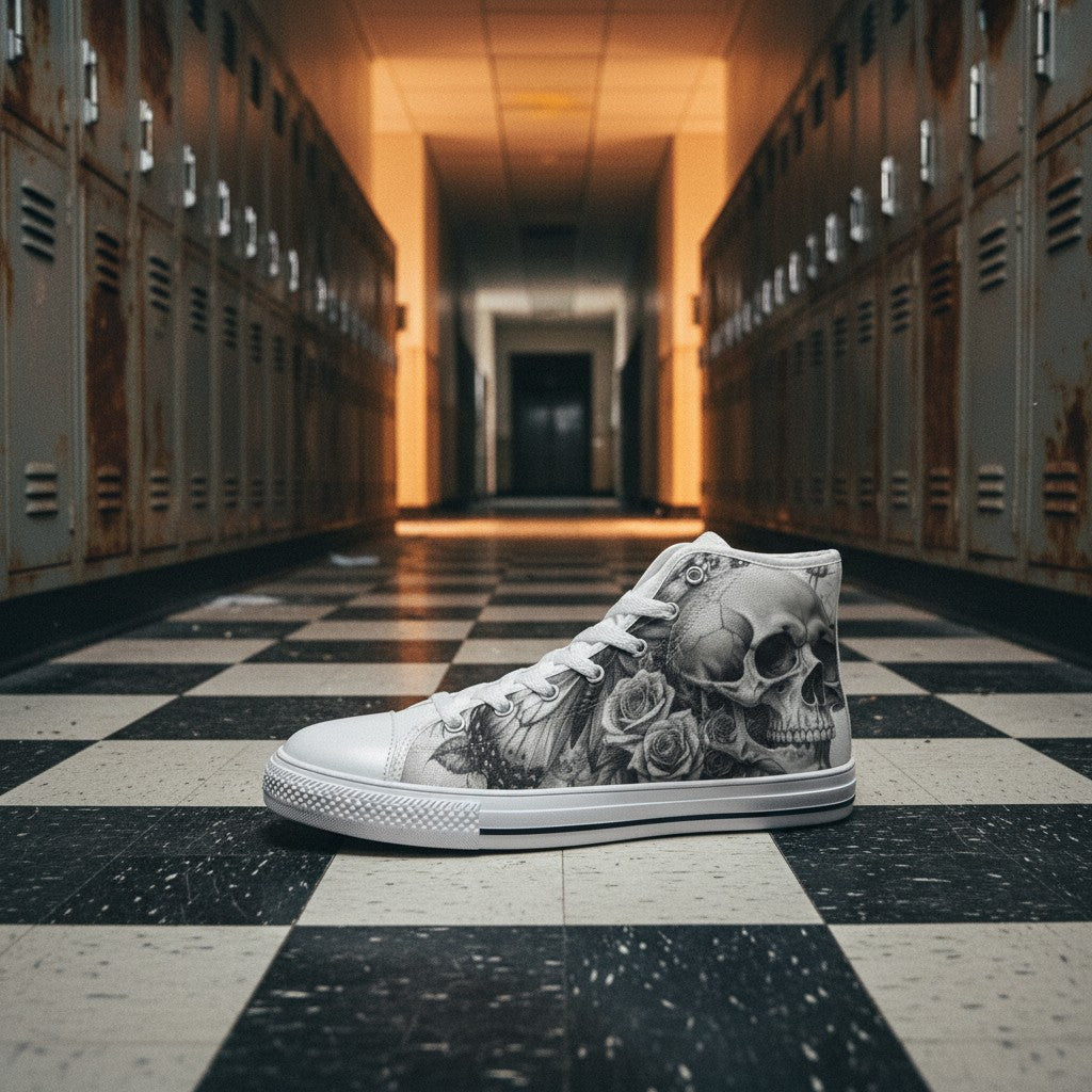Men's Dark Skull Rose Grey Gothic custom high-top canvas shoes — wearable art by Freaky Shoes