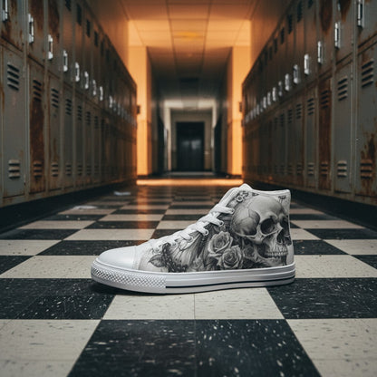 Men's Dark Skull Rose Grey Gothic custom high-top canvas shoes — wearable art by Freaky Shoes