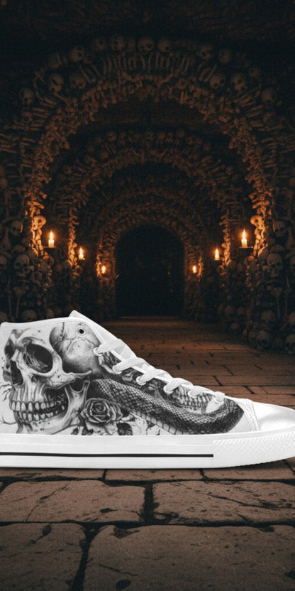 Men's Skull Rose Art Gothic Dark high-top canvas shoes, custom full-wrap printed design — Freaky Shoes