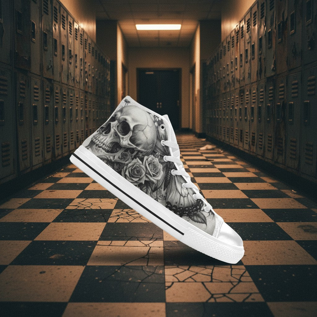 Custom Men's Dark Skull Rose Grey Gothic high-top canvas shoes with bold all-over art — Freaky Shoes
