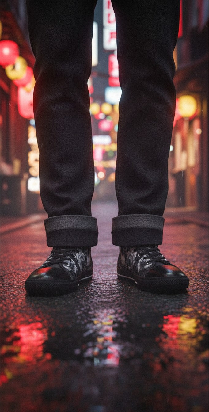Freaky Shoes® Gothic dark skull and rose print canvas high top sneakers worn with black jeans on a rainy city street.