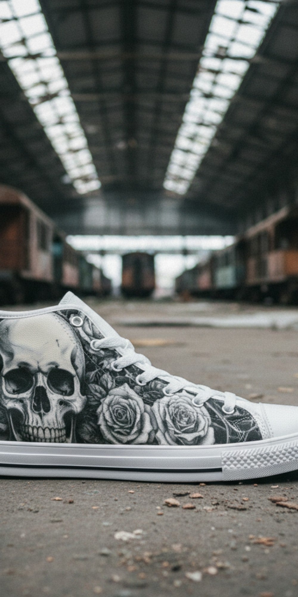 Custom Women's Gothic Skull Dark Art high-top canvas shoes with bold all-over art — Freaky Shoes