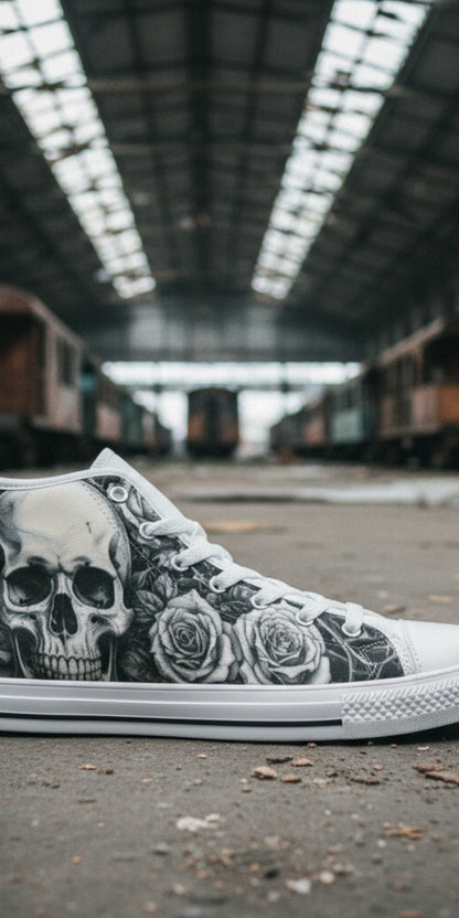 Custom Women's Gothic Skull Dark Art high-top canvas shoes with bold all-over art — Freaky Shoes