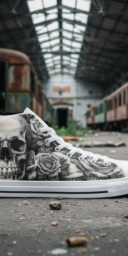 Women's Gothic Skull Dark Art high-top canvas shoes, custom full-wrap printed design — Freaky Shoes