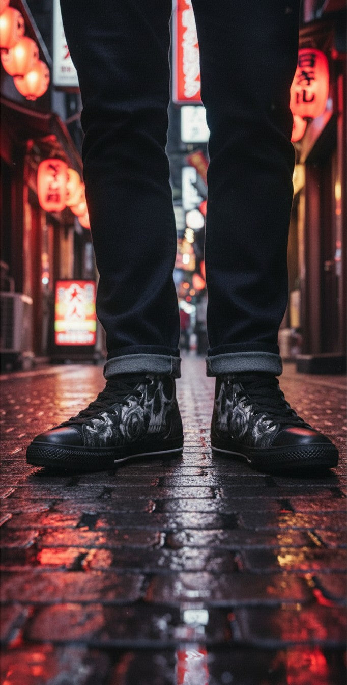 Freaky Shoes® Gothic dark skull and rose print high top canvas sneakers worn on a wet city street at night.