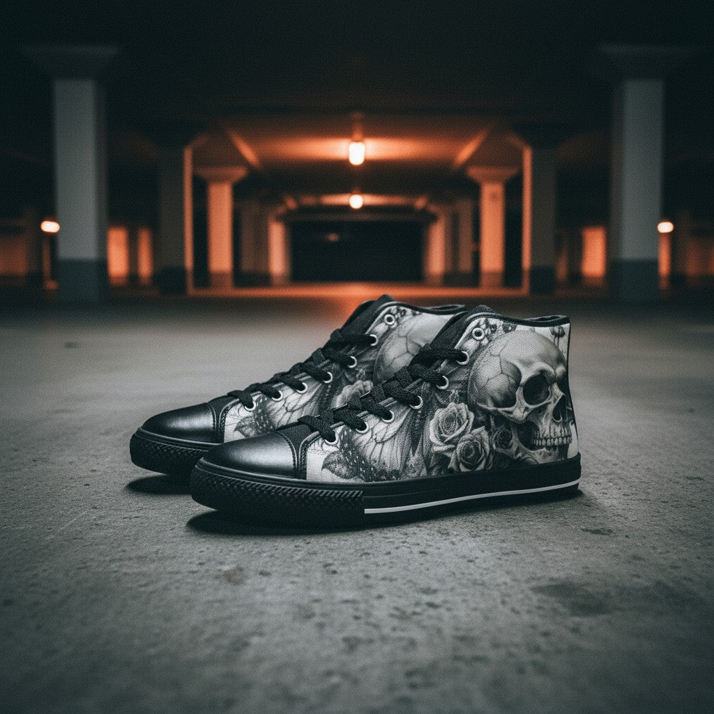 Custom Women's Grey Gothic Rose Skull Dark Art high-top canvas shoes with bold all-over art — Freaky Shoes
