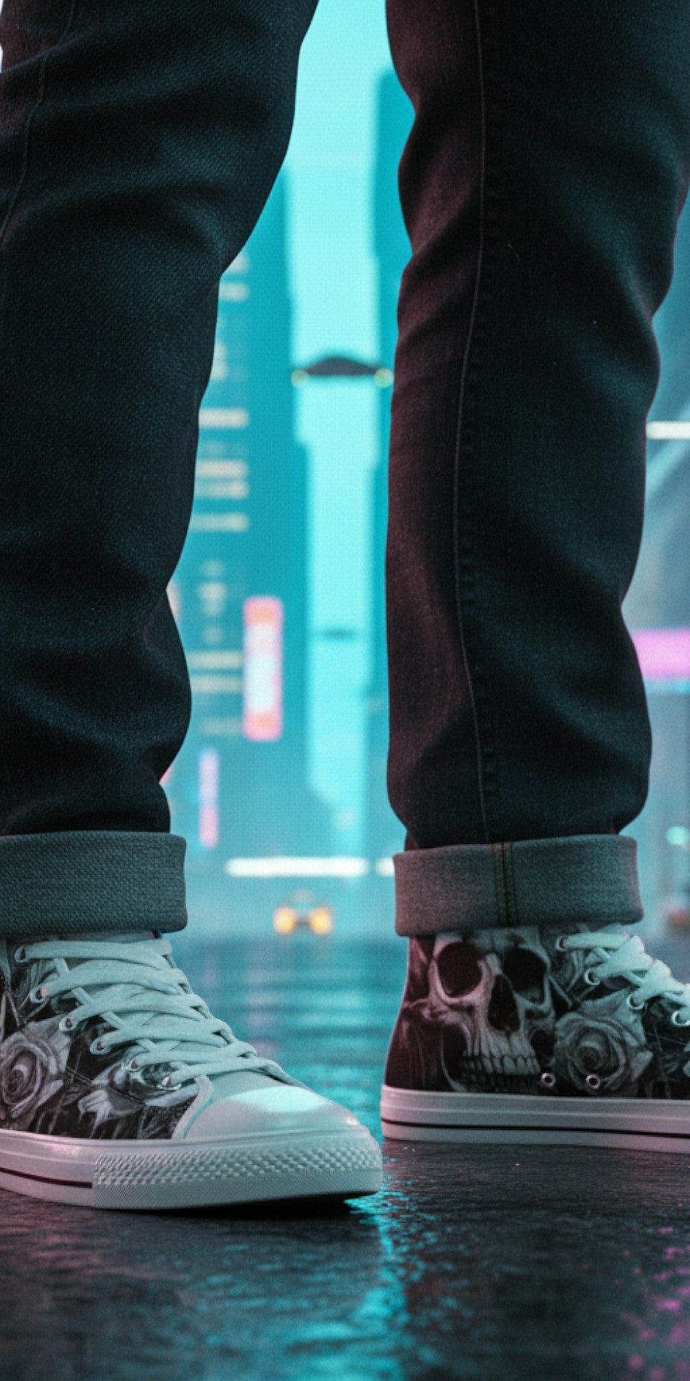 Freaky Shoes® high top canvas sneakers featuring a dark gothic skull and rose print on a city street at night.