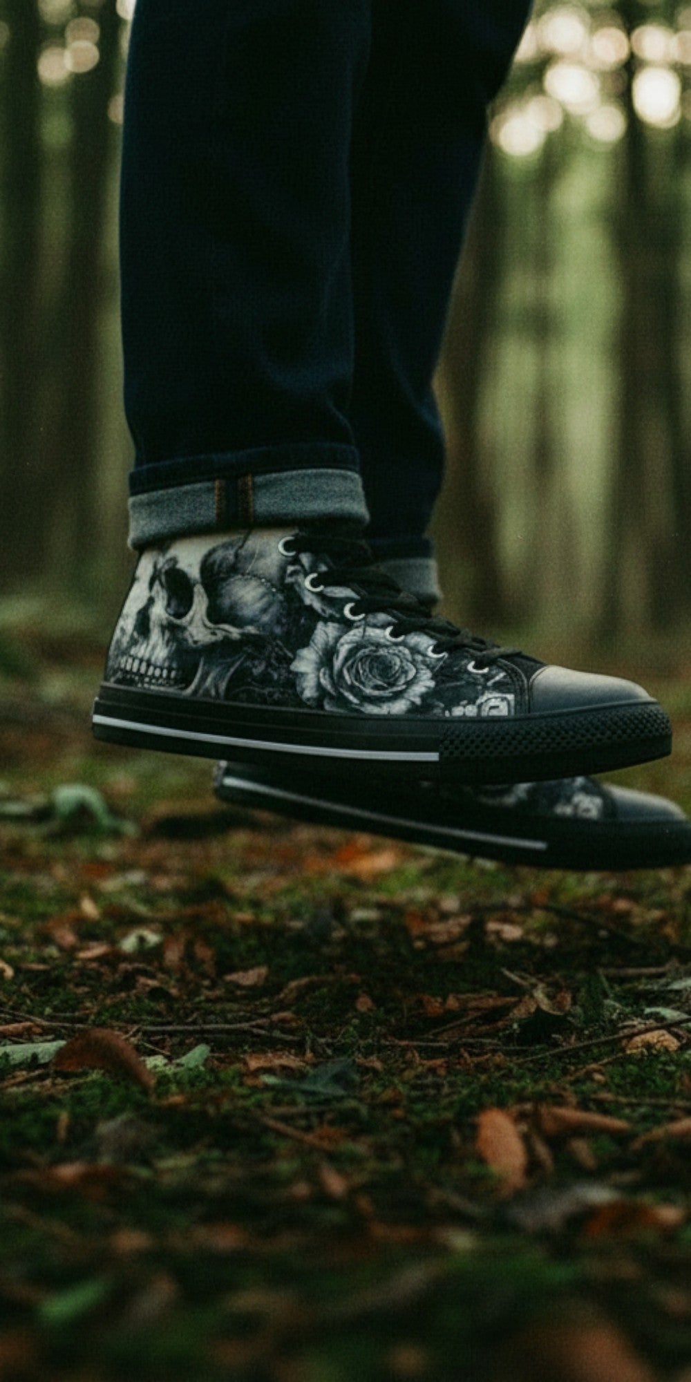 Freaky Shoes® gothic high top canvas sneakers featuring a black and white skull and rose print in a forest setting.