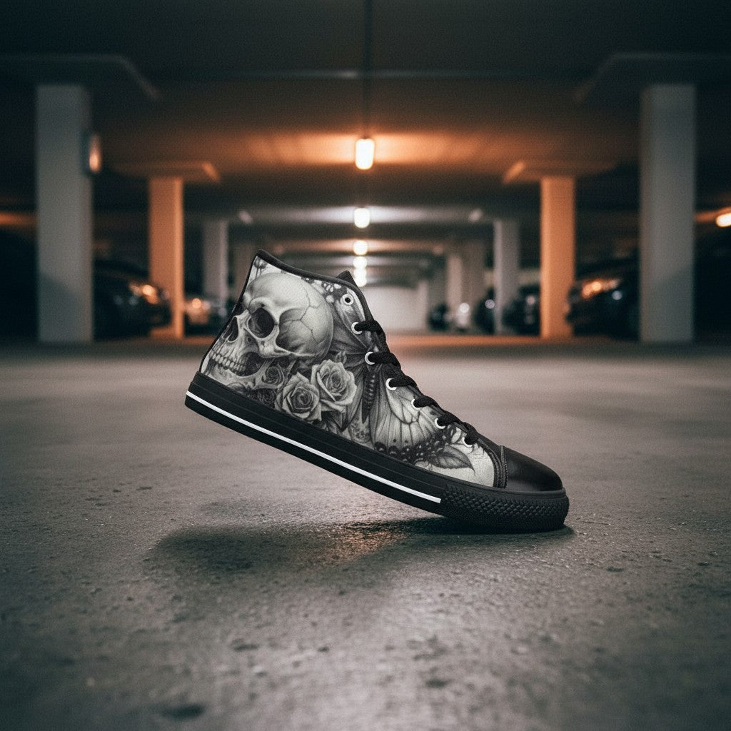 Women's Grey Gothic Rose Skull Dark Art hand-made high-top canvas shoes — unique wearable art by Freaky Shoes