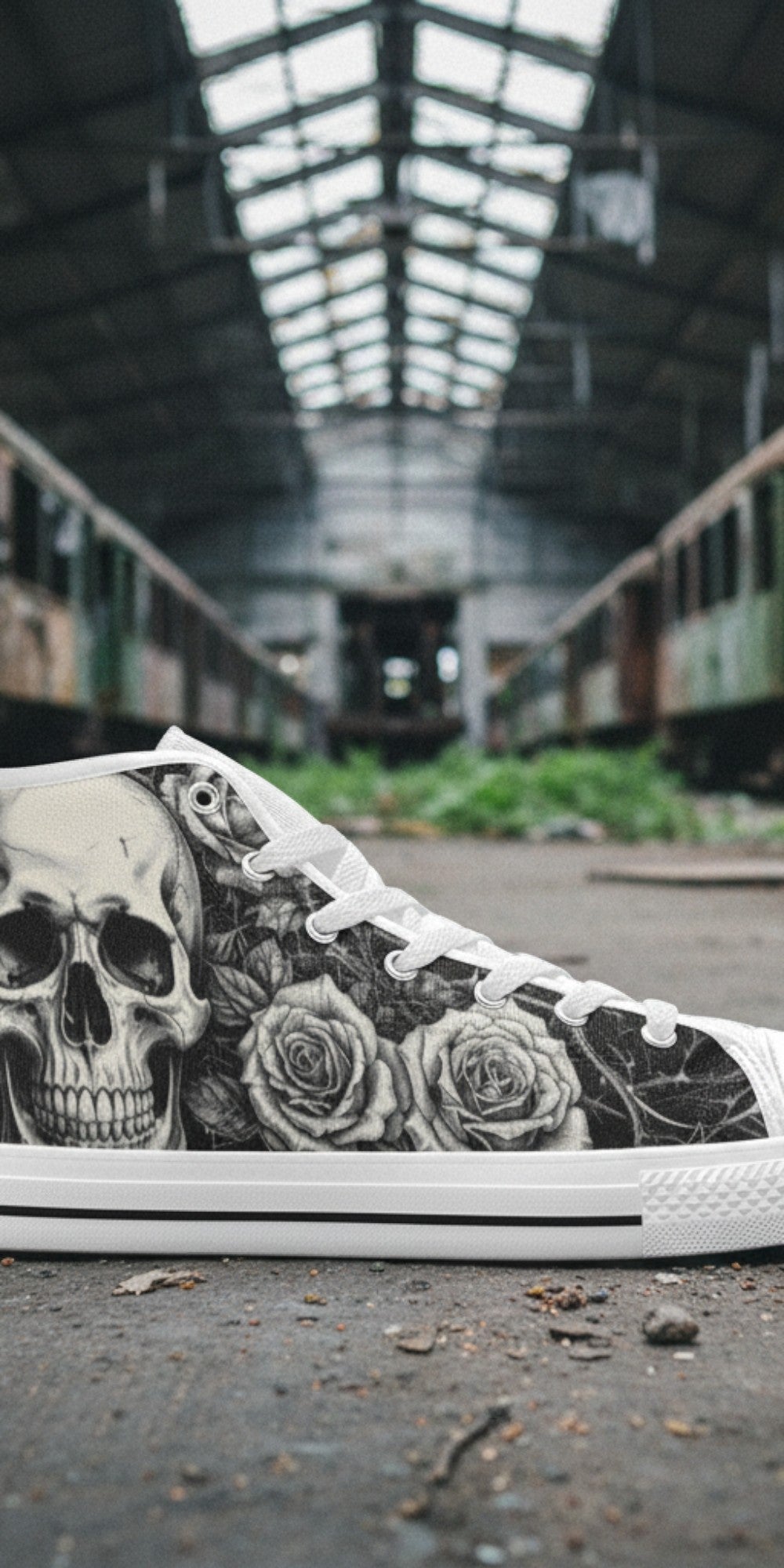 Women's Gothic Skull Dark Art high-top canvas shoes, custom full-wrap printed design — Freaky Shoes