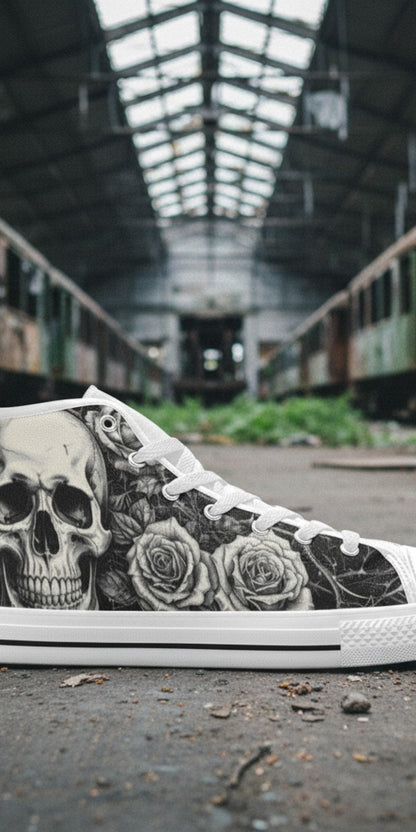Women's Gothic Skull Dark Art high-top canvas shoes, custom full-wrap printed design — Freaky Shoes