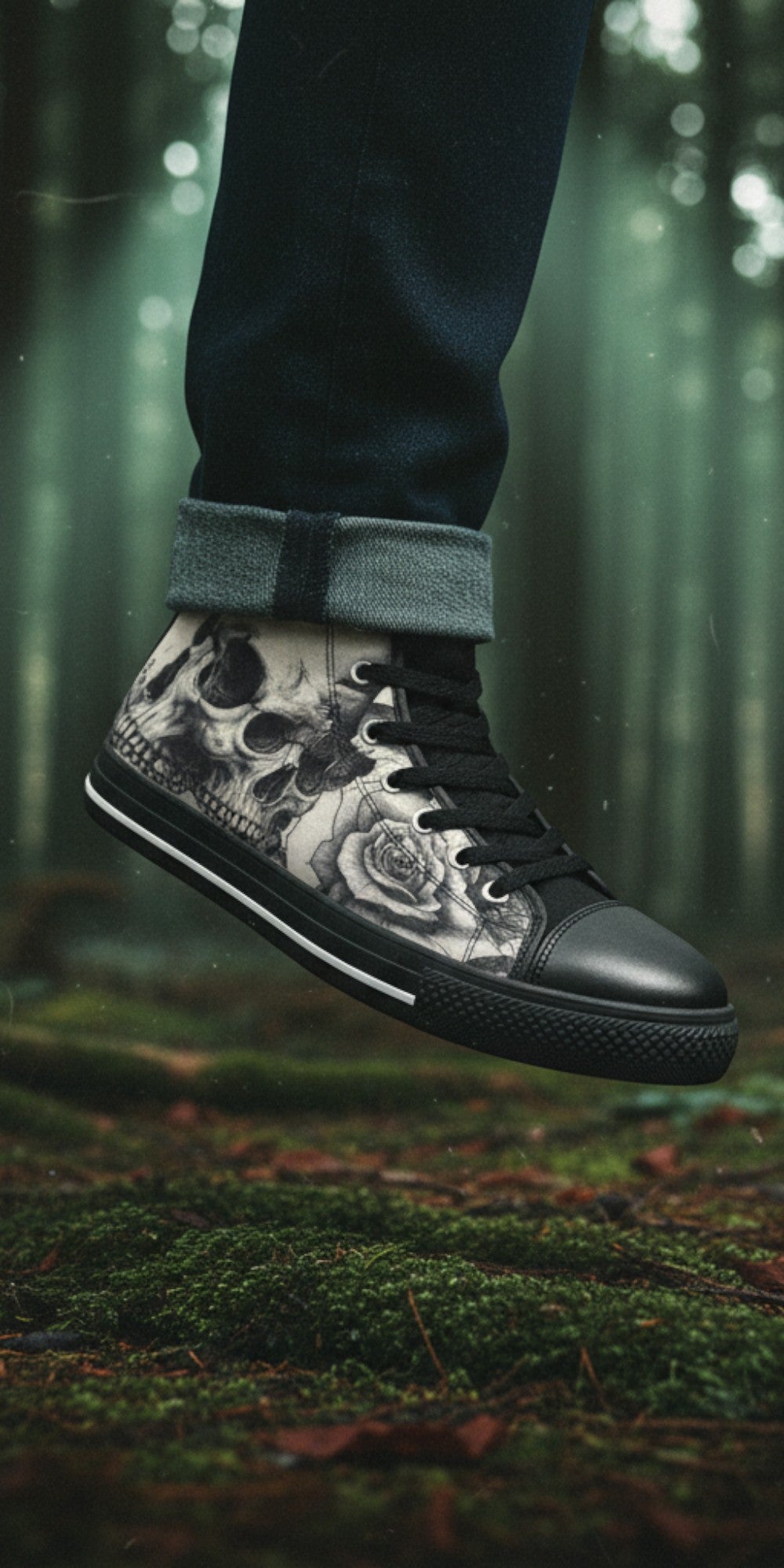 Freaky Shoes® gothic high top canvas sneakers featuring a black and white skull and rose print in a forest setting.