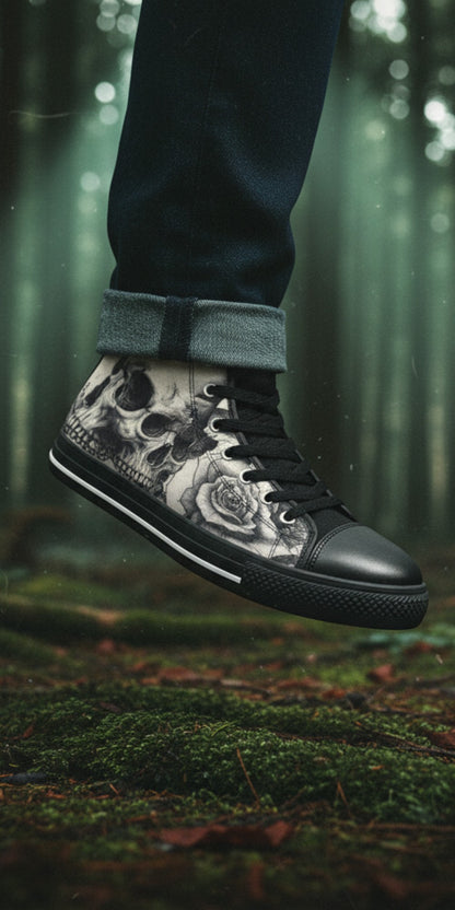 Freaky Shoes® gothic high top canvas sneakers featuring a black and white skull and rose print in a forest setting.