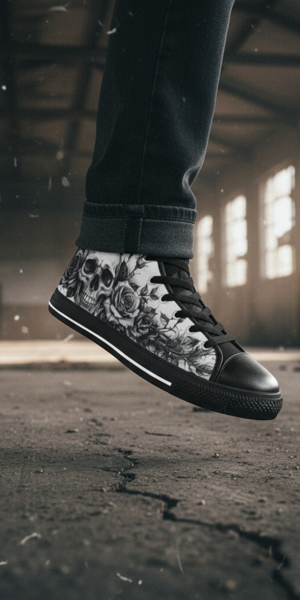 Freaky Shoes® men's gothic high top canvas sneakers featuring a black and white skull and rose art print