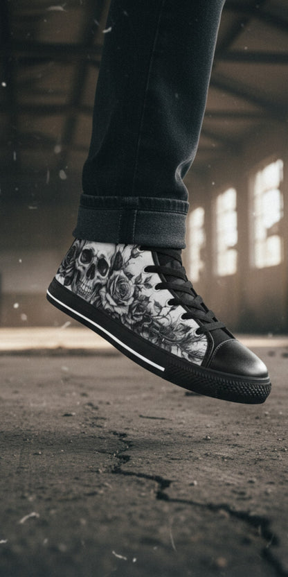 Freaky Shoes® men's gothic high top canvas sneakers featuring a black and white skull and rose art print