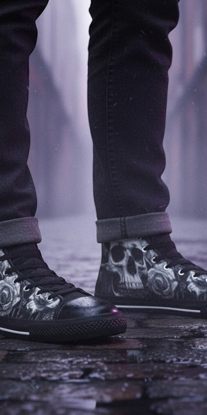 Freaky Shoes® Gothic high top canvas sneakers featuring a black and white skull and rose print on a rainy street.