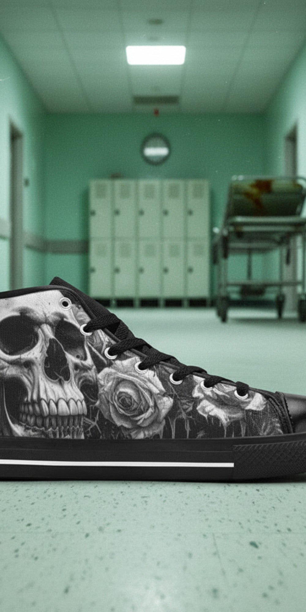 Men's Grey Skull Rose Monochrome Gothic high-top canvas shoes, custom full-wrap printed design — Freaky Shoes