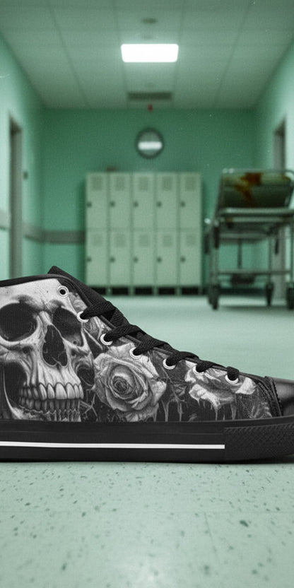 Men's Grey Skull Rose Monochrome Gothic high-top canvas shoes, custom full-wrap printed design — Freaky Shoes