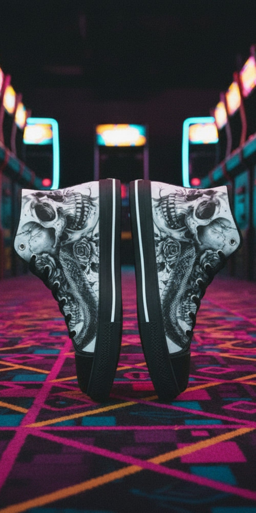 Men's Dark Gothic Rose Art Skull custom high-top canvas shoes — wearable art by Freaky Shoes