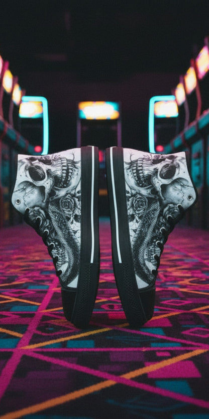 Men's Dark Gothic Rose Art Skull custom high-top canvas shoes — wearable art by Freaky Shoes