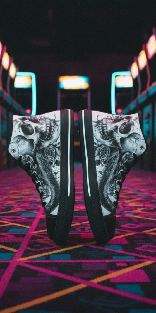 Freaky Shoes® men's high top canvas sneakers featuring a dark gothic skull and rose print in an arcade setting.