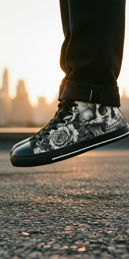 Freaky Shoes® gothic high top canvas sneakers featuring a black and white skull and rose print against a city sunset
