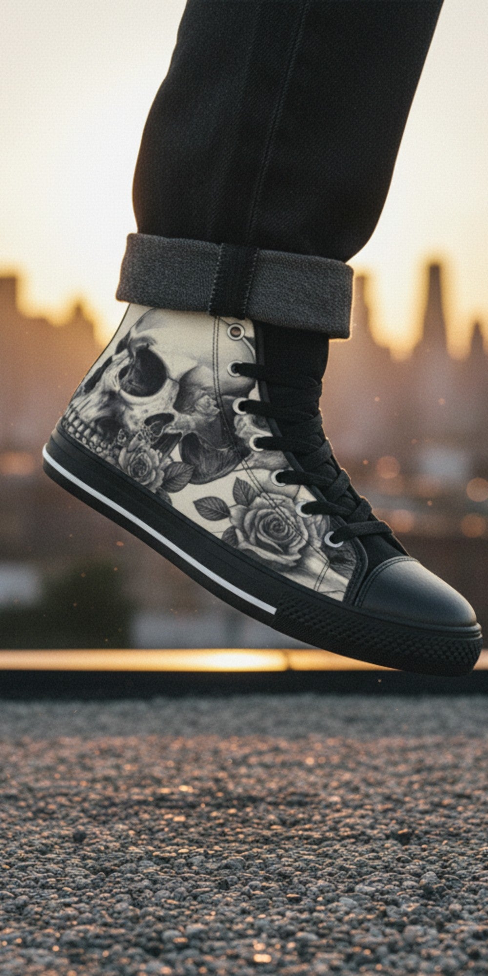 Freaky Shoes® high top canvas sneakers featuring a gothic black and white skull and rose print against a city skyline