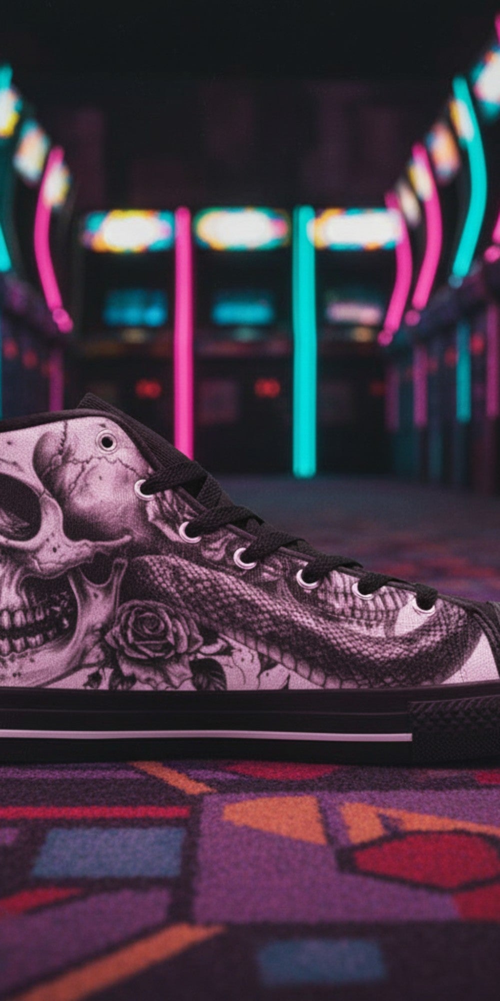Men's Dark Gothic Rose Art Skull hand-made high-top canvas shoes — unique wearable art by Freaky Shoes