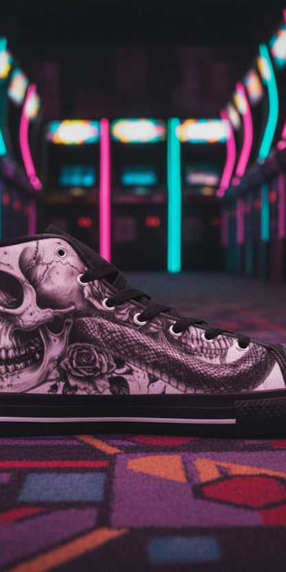 Men's Dark Gothic Rose Art Skull hand-made high-top canvas shoes — unique wearable art by Freaky Shoes