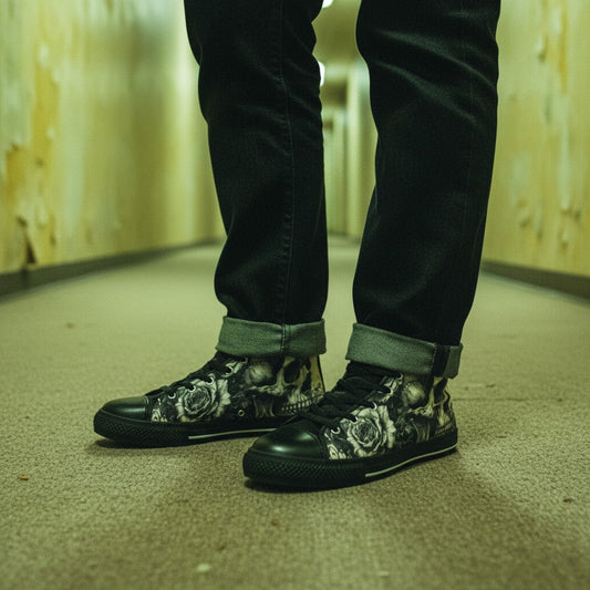 Freaky Shoes® gothic skull and rose print high-top canvas sneakers worn with dark denim jeans in a hallway