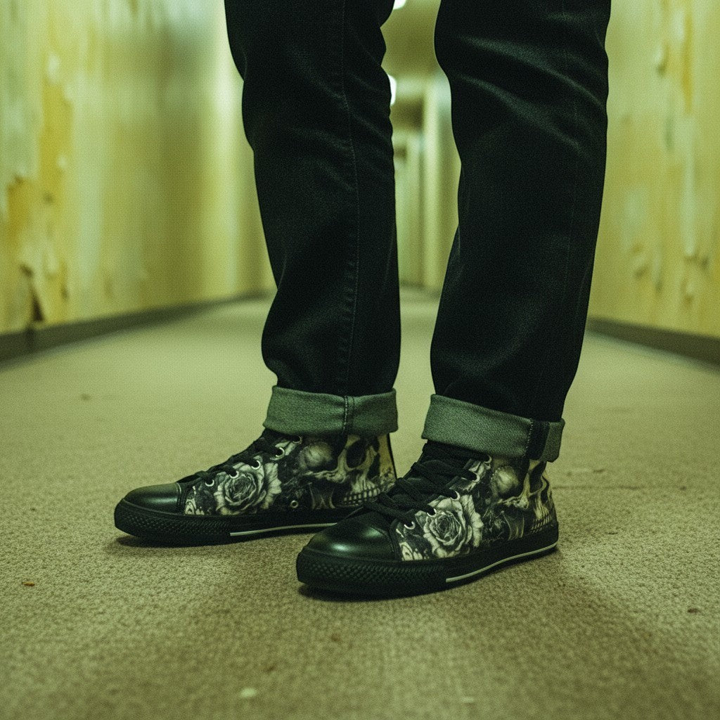 Freaky Shoes® gothic skull and rose print high-top canvas sneakers worn with dark denim jeans in a hallway