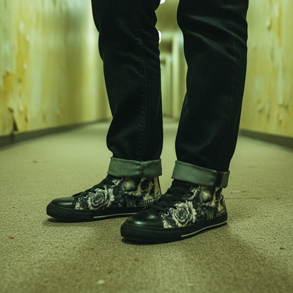 Freaky Shoes® gothic skull and rose print high-top canvas sneakers worn with dark denim jeans in a hallway