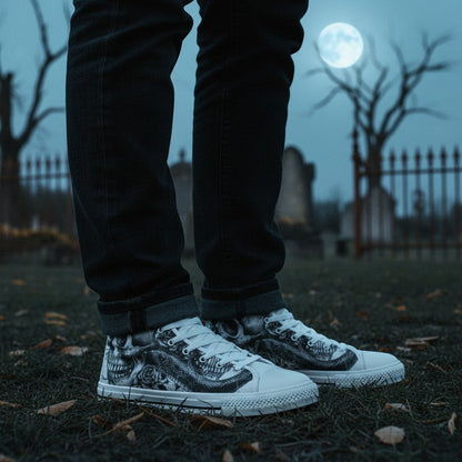 Freaky Shoes® women's high-top canvas sneakers featuring a gothic skull and rose dark art print in a graveyard setting