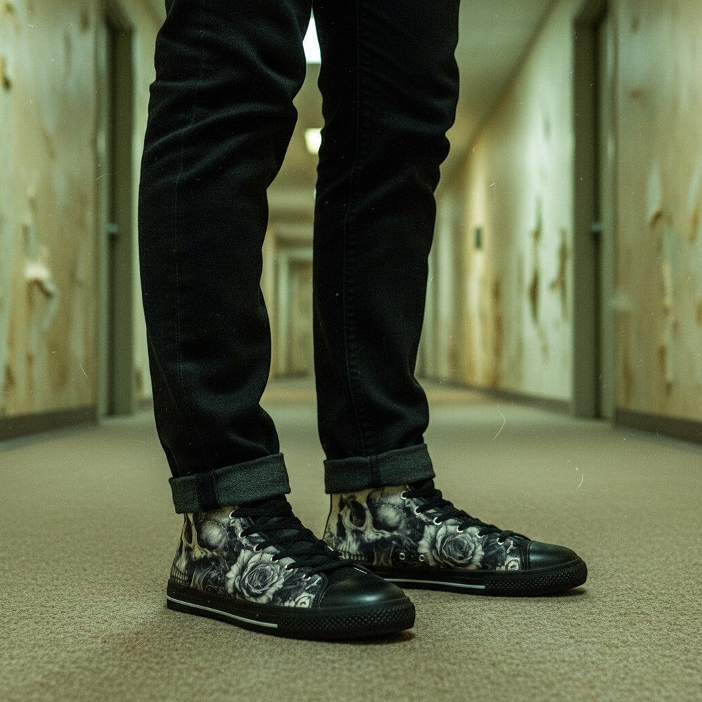 Freaky Shoes® men's high-top canvas sneakers featuring a gothic skull and rose dark art print with black rubber soles.