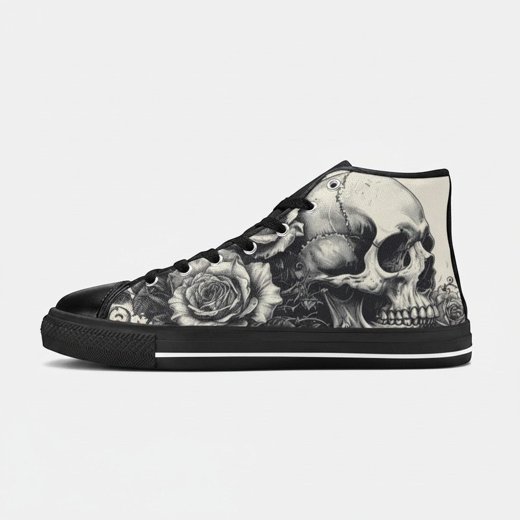 Freaky Shoes® men's high-top canvas sneakers featuring a detailed black and white gothic skull and rose art print.