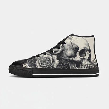 Freaky Shoes® men's high-top canvas sneakers featuring a detailed black and white gothic skull and rose art print.