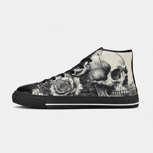 Freaky Shoes® men's high-top canvas sneakers featuring a detailed black and white gothic skull and rose art print.