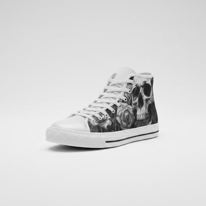 Freaky Shoes® women's high-top canvas sneakers featuring a grey gothic skull and dark rose print with white laces.