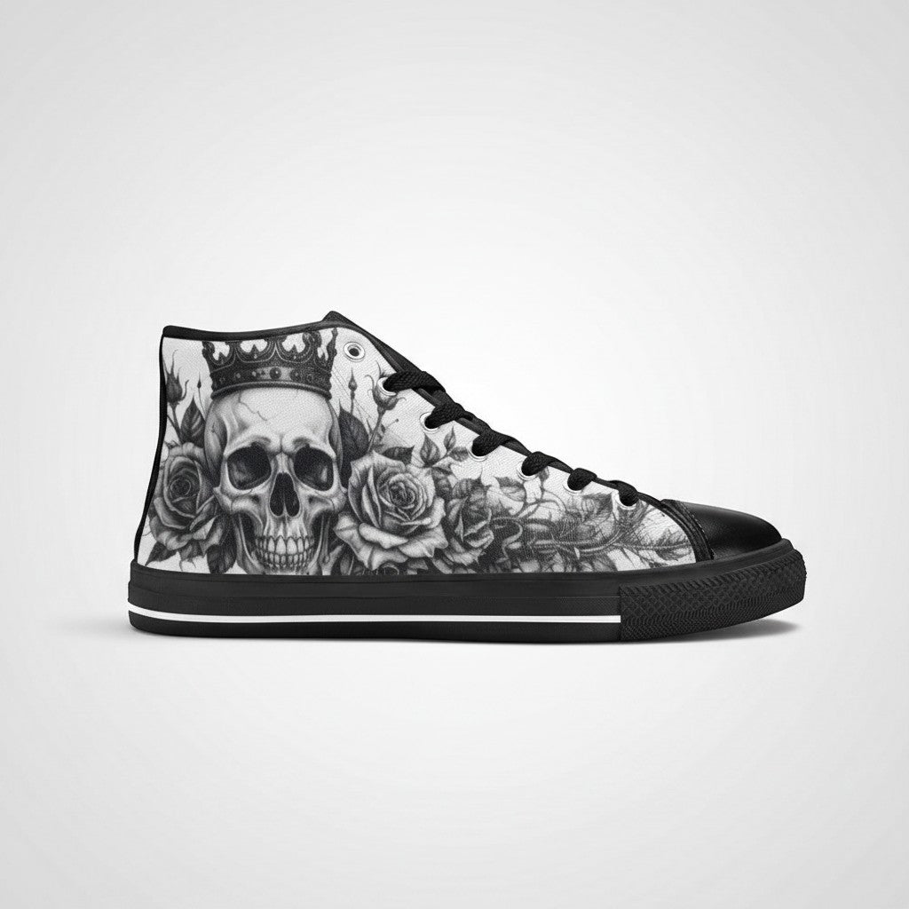 Freaky Shoes® high-top canvas sneakers featuring a black and white gothic skull and rose crown art print