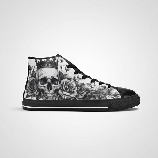 Freaky Shoes® high-top canvas sneakers featuring a black and white gothic skull and rose crown art print