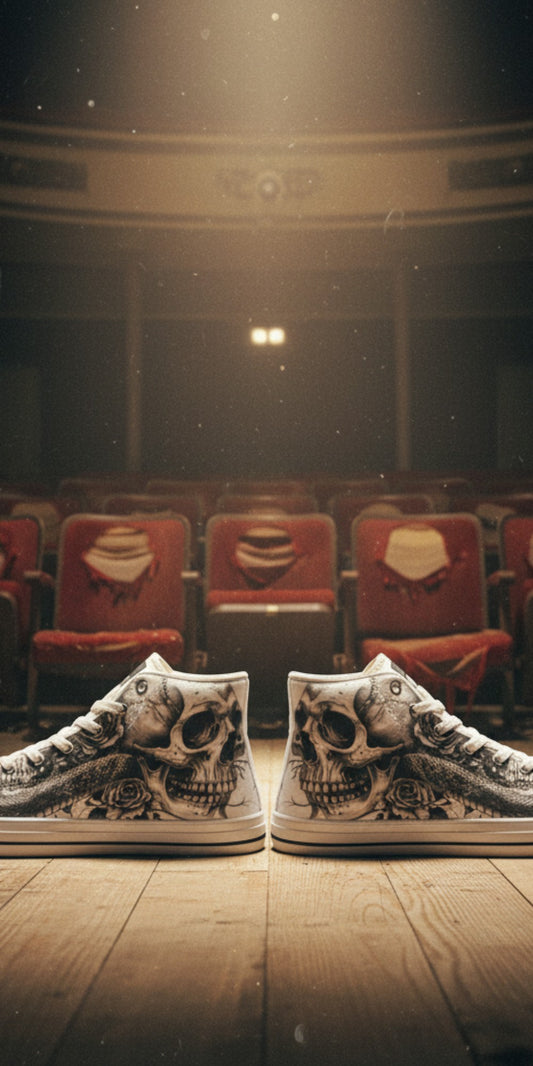 Freaky Shoes® gothic high top canvas sneakers with black and white skull and rose art on a wooden theater stage.