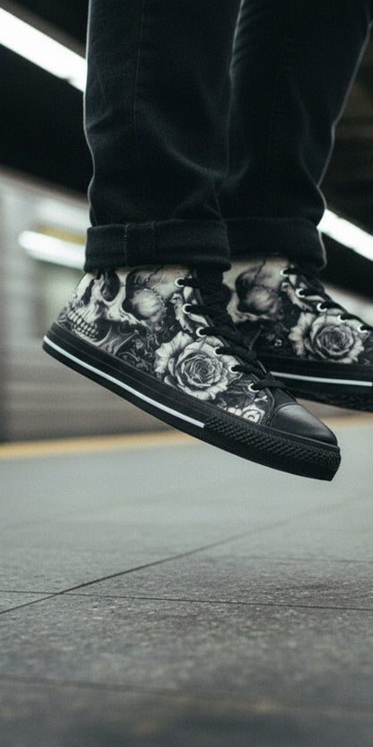 Freaky Shoes® Gothic skull and rose print high top canvas sneakers worn by a person jumping in a subway station.