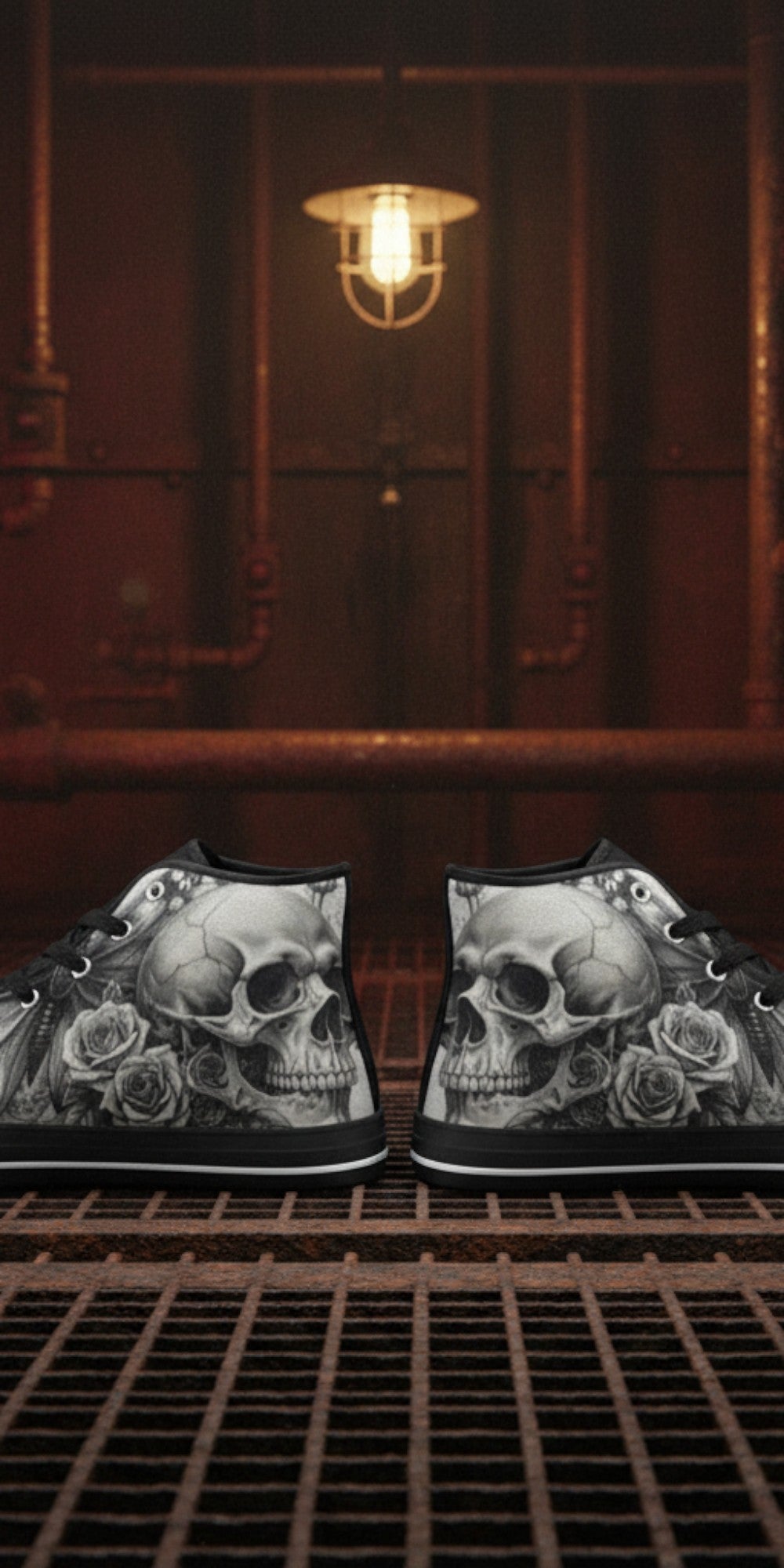 Men's Skull Rose Dark Greyscale Gothic high-top canvas shoes — one-of-a-kind custom printed art, Freaky Shoes