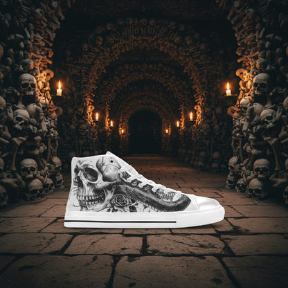 Men's Skull Rose Art Gothic Dark custom high-top canvas shoes — wearable art by Freaky Shoes