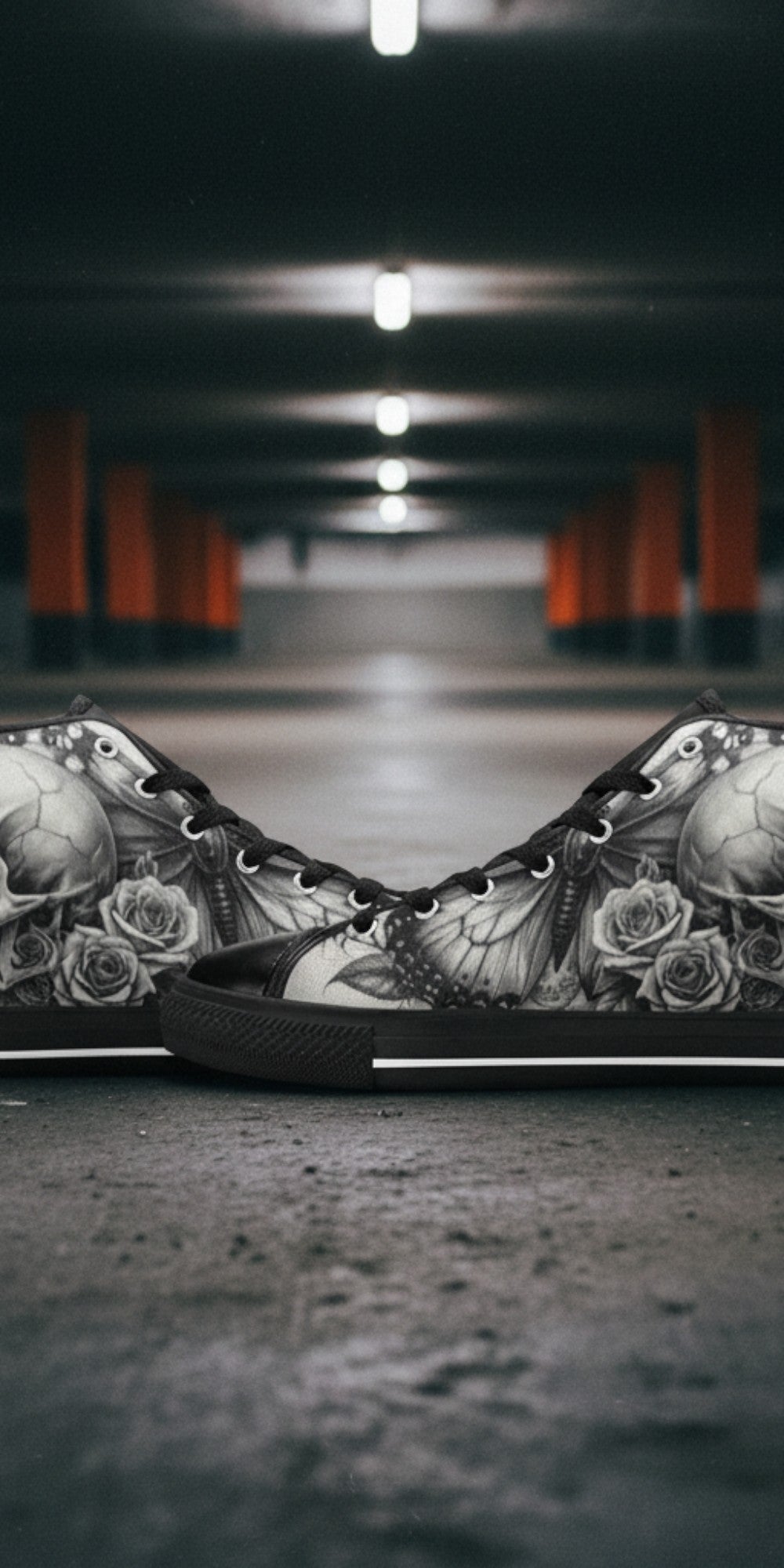Women's Grey Gothic Rose Skull Dark Art custom high-top canvas shoes — wearable art by Freaky Shoes