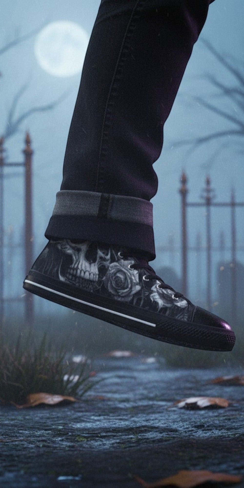 Freaky Shoes® Gothic high top canvas sneakers featuring a black and white skull and rose print in a graveyard setting.