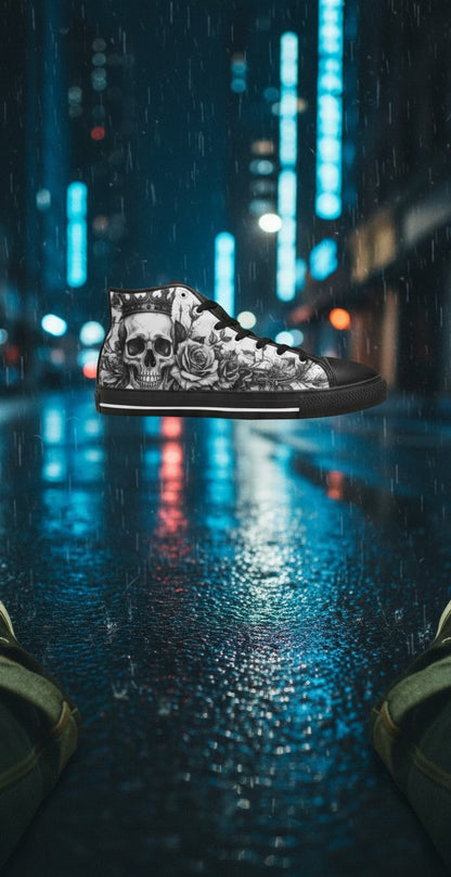 Freaky Shoes® women's gothic high top canvas sneakers featuring a grey skull and rose print with black lace-up detail.