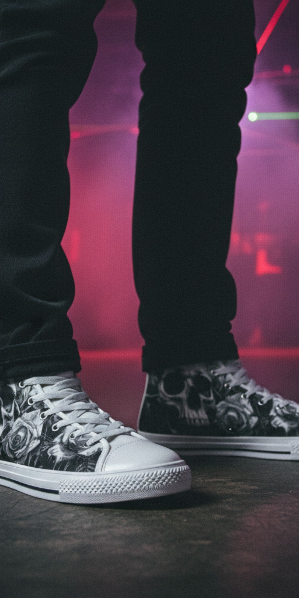 Freaky Shoes® men's high top canvas sneakers featuring a black and white gothic skull and rose art print